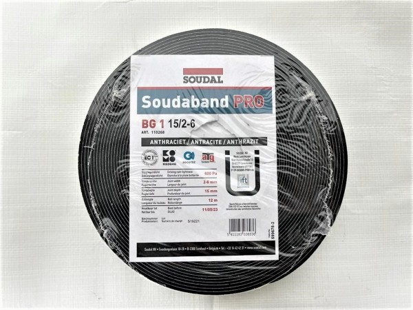 Soudal Fugendichtband BG1 PRO 15/2 schwarz 15mm breit, 2-6mm schlagregendicht Rolle 12 lfm, Karton
