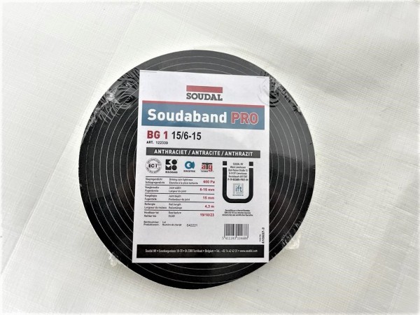 Soudal Fugendichtband BG1 PRO 15/6schwarz, 15mm breit, 6-15mm schlagregendicht Rolle 4,3 lfm; Karto